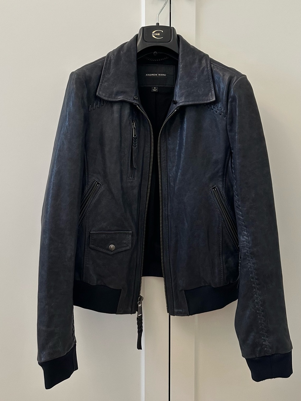 Andrew Marc Navy Leather Bomber Jacket with Removable Fur Collar